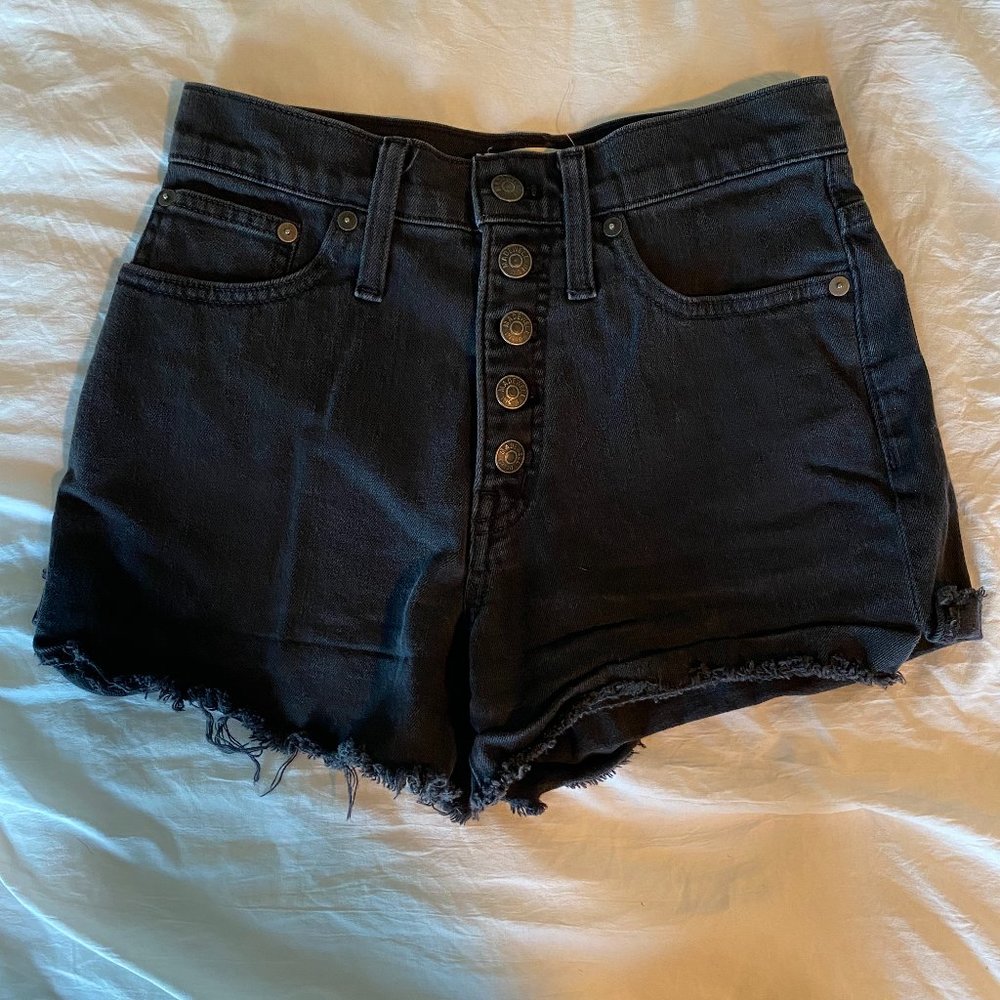 Like New! Madewell Black Denim High Rise Shorts, Size 24, Distressed